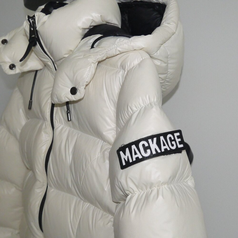 Mackage Ivory Glossy Down Puffer Jacket Arm Logo Short Coat - Picture 6 of 9
